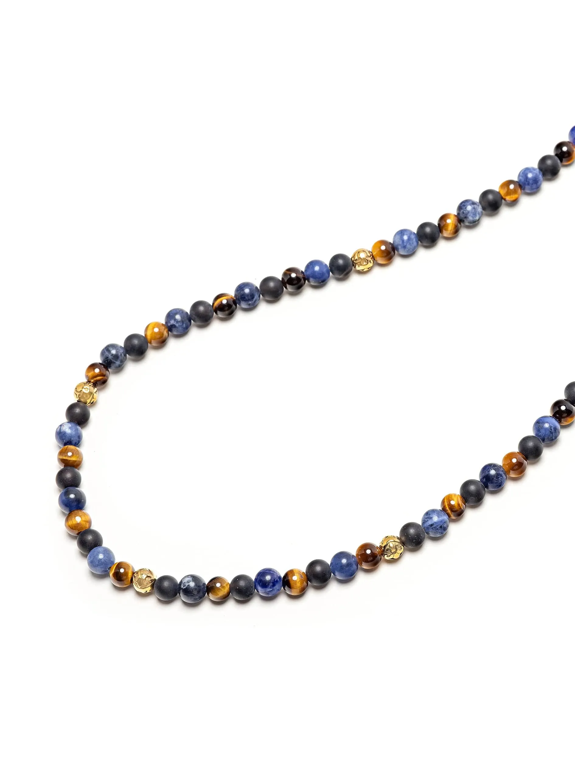 Beaded Necklace with Dumortierite, Brown Tiger Eye, and Gold