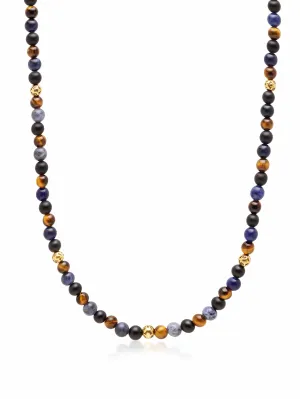 Beaded Necklace with Dumortierite, Brown Tiger Eye, and Gold