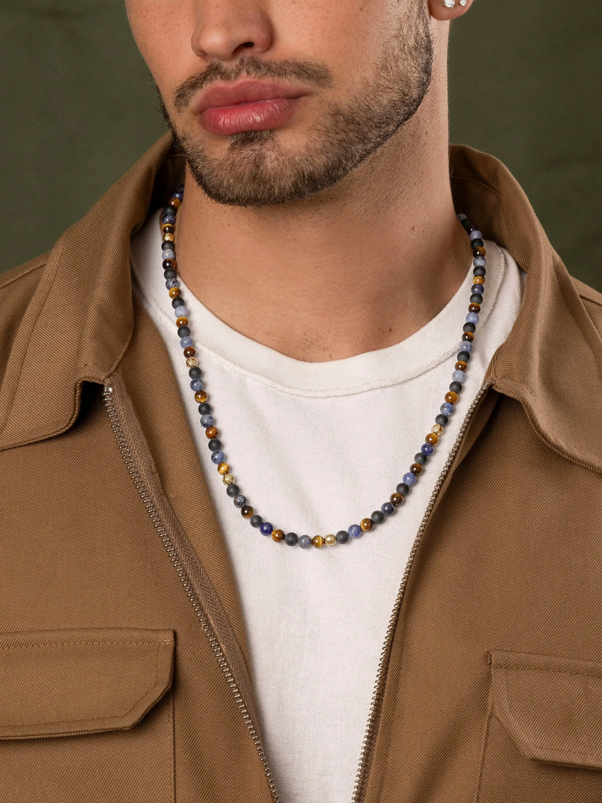 Beaded Necklace with Dumortierite, Brown Tiger Eye, and Gold
