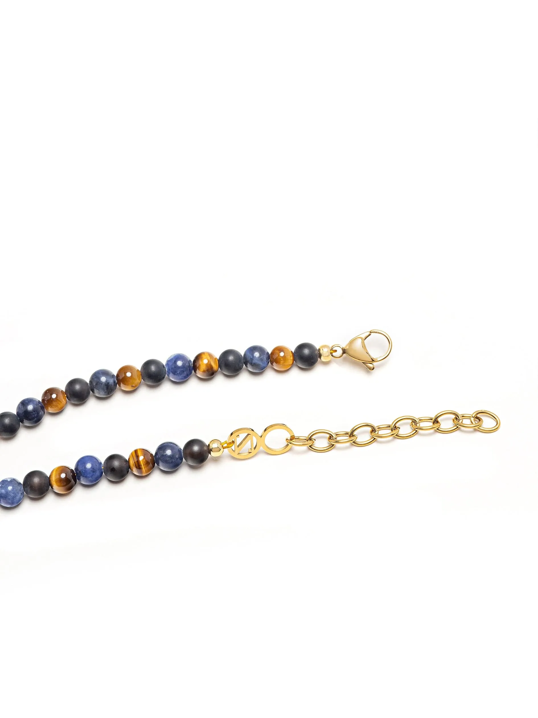 Beaded Necklace with Dumortierite, Brown Tiger Eye, and Gold