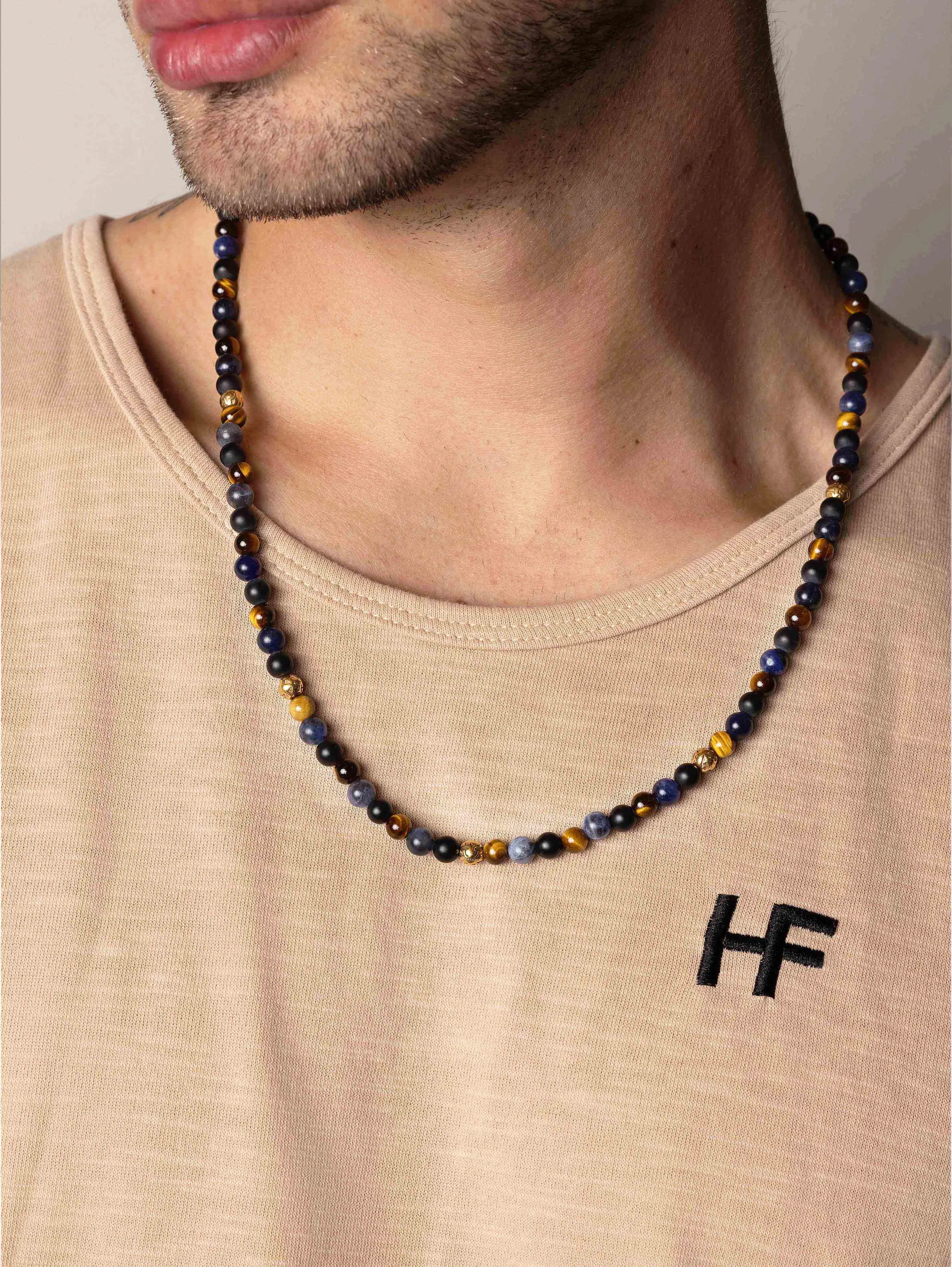Beaded Necklace with Dumortierite, Brown Tiger Eye, and Gold