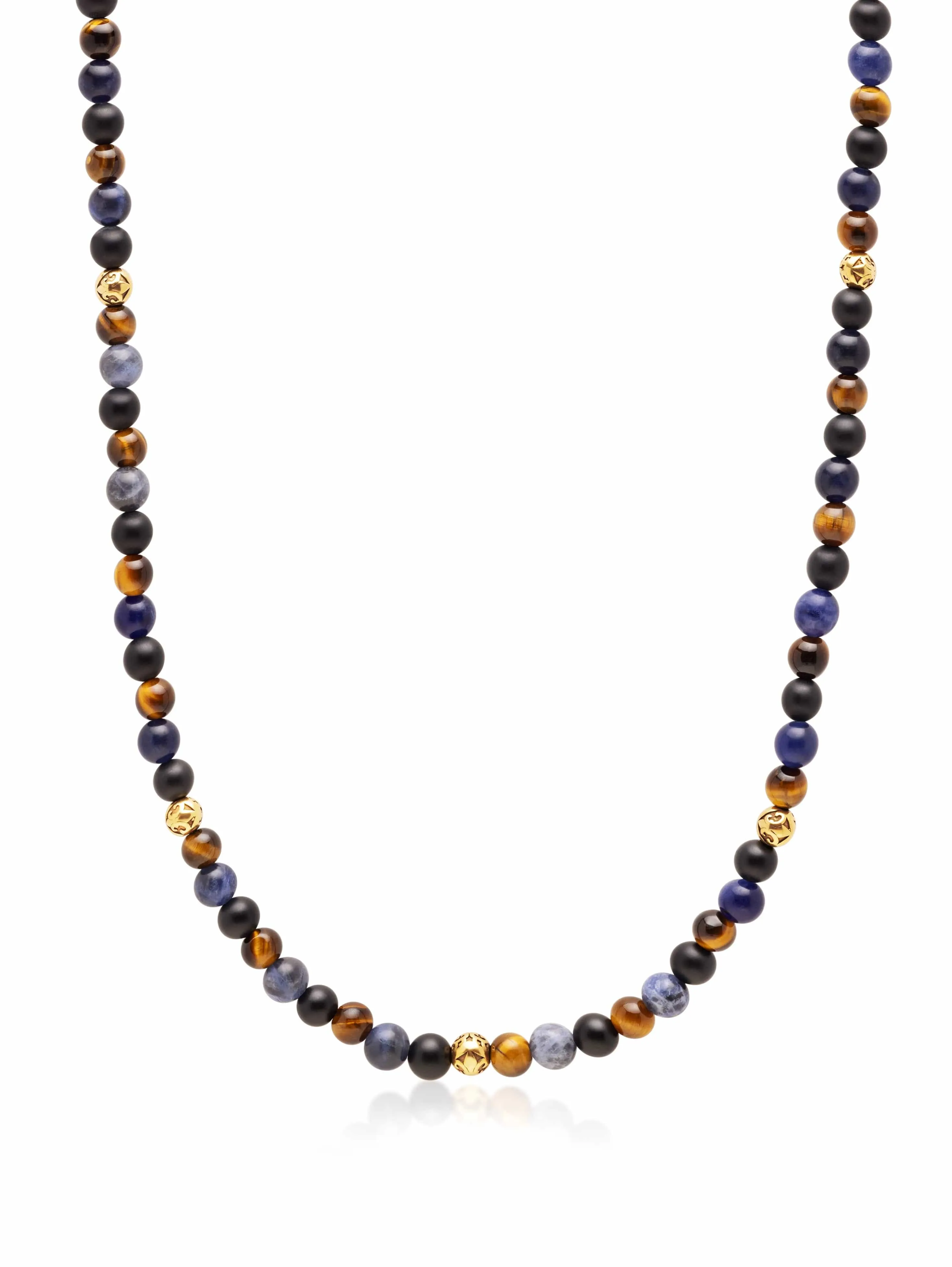 Beaded Necklace with Dumortierite, Brown Tiger Eye, and Gold