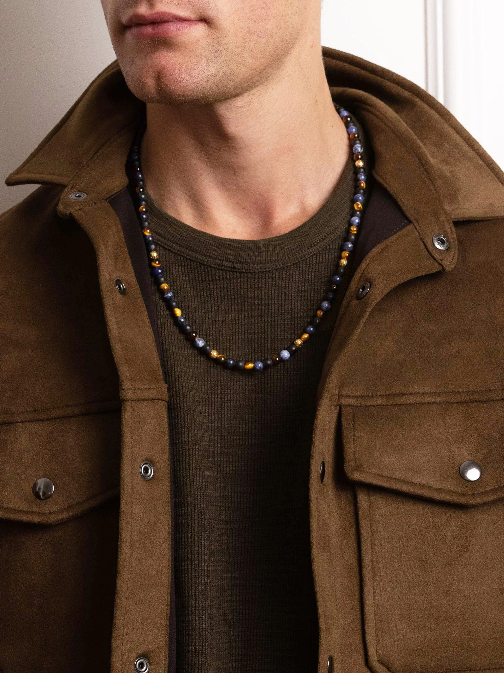 Beaded Necklace with Dumortierite, Brown Tiger Eye, and Gold