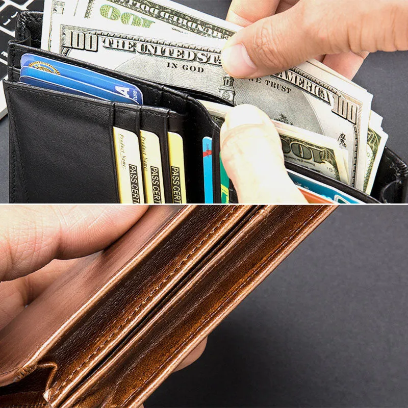 Men Oil Wax Leather Short Bifold RFID Anti-magnetic Wallets 16 Card Slot Thicken Driver License Card Holder Coin Purse