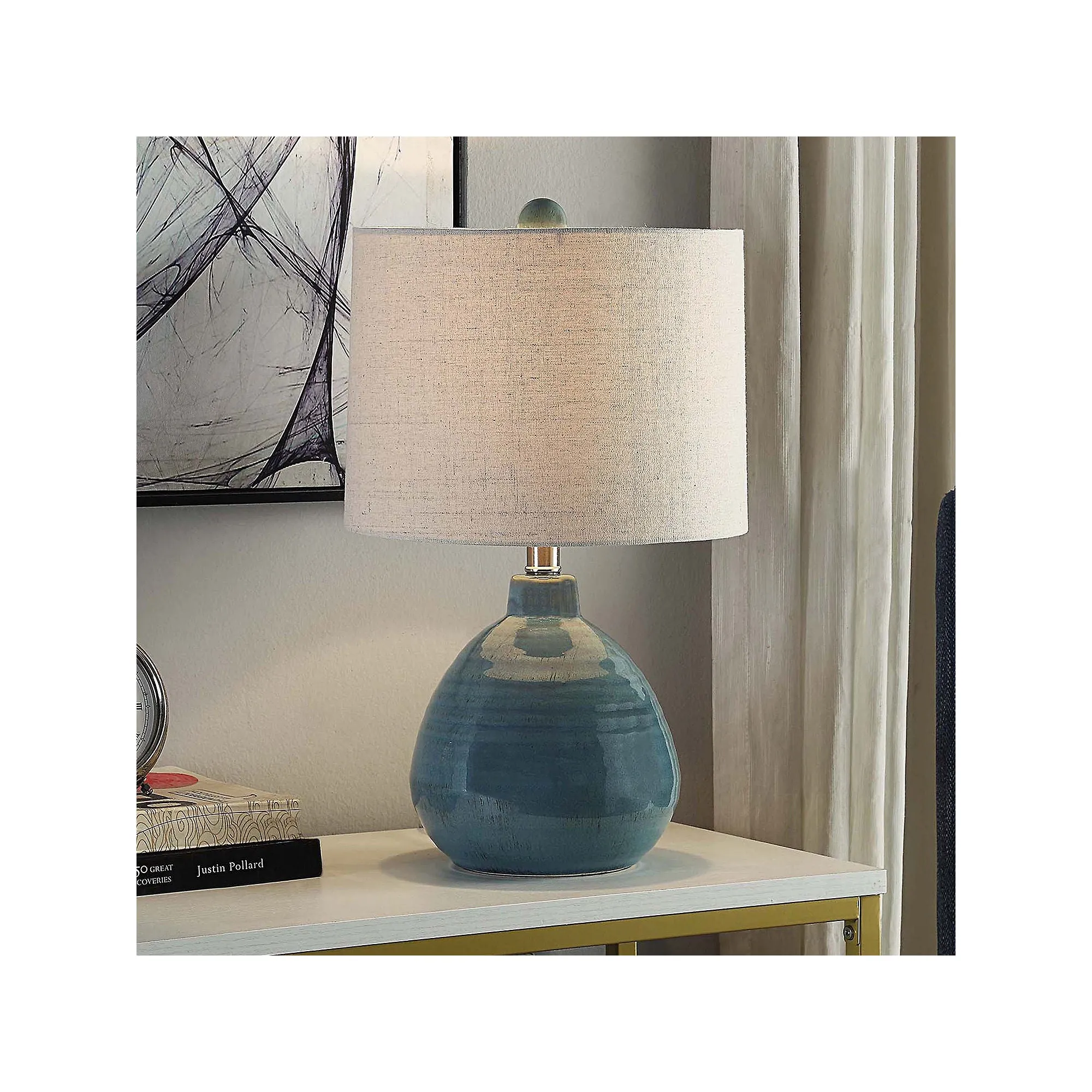Stylecraft 20" Teal Ceramic With Natural Linen Hardback Shade Table Lamp L22019JCDS - Teal Blue BLUE DROPSHIP ONE SIZE